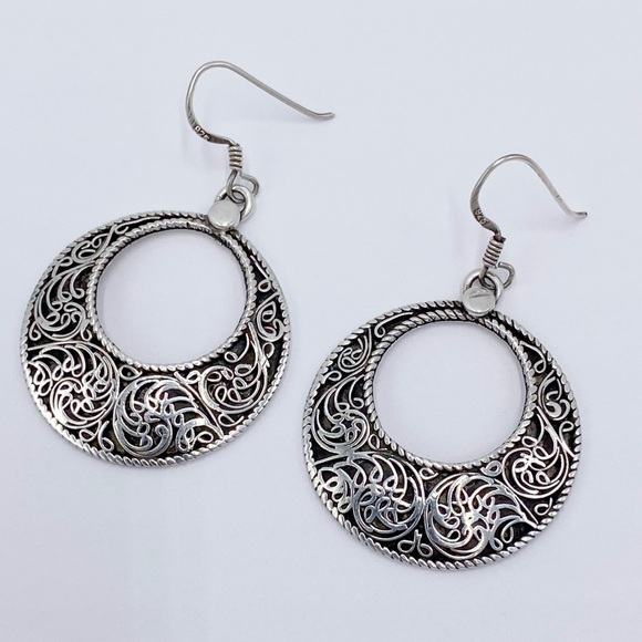 Jewelry - Vintage Sterling Silver 925 Filigree Hoop Dangle Earrings